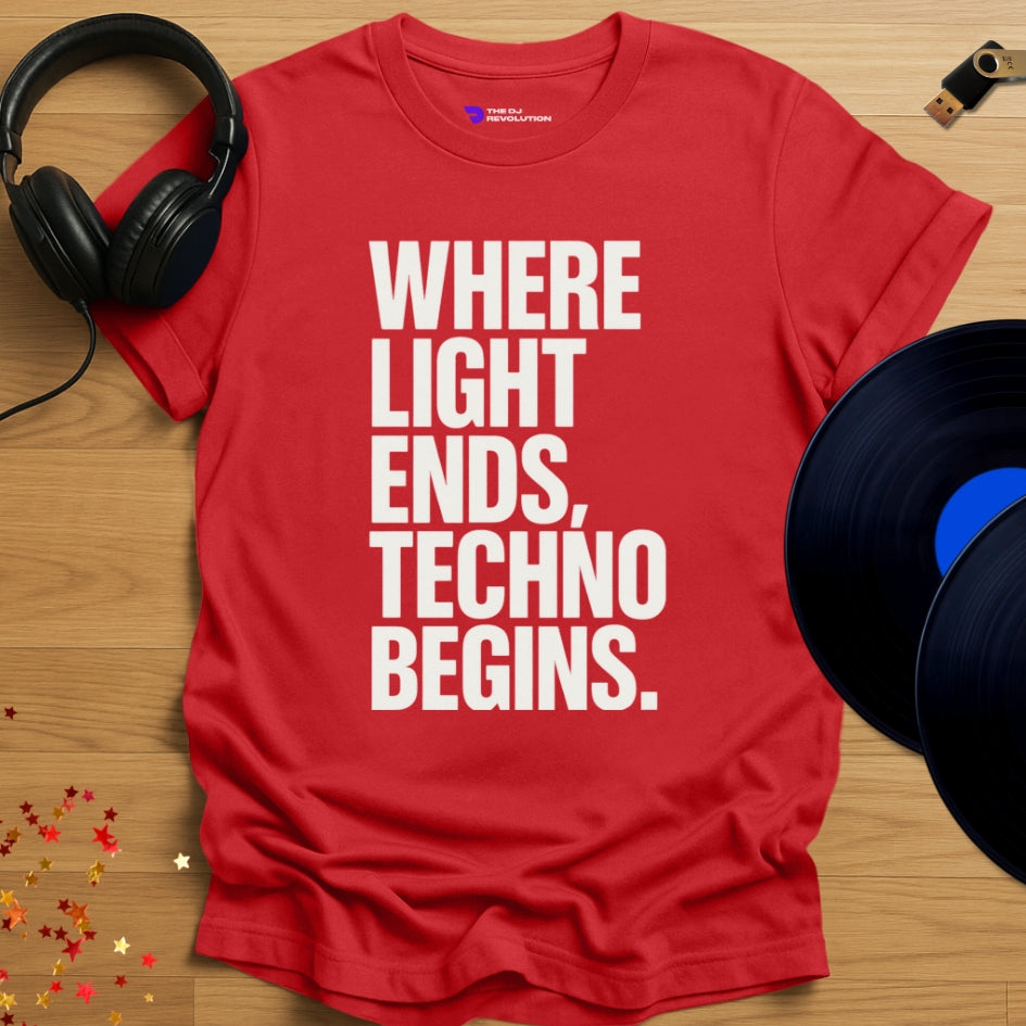 Techno Begins Techno T-shirt in red, front view