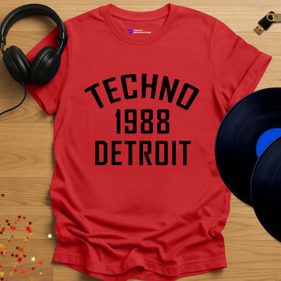 Detroit techno T-shirt, 'Detroit Techno 1988' design in red, front view