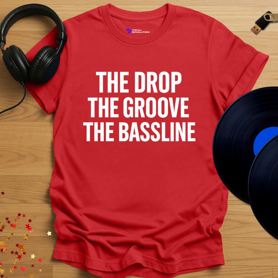 The Bassline house music T-shirt in red, front view
