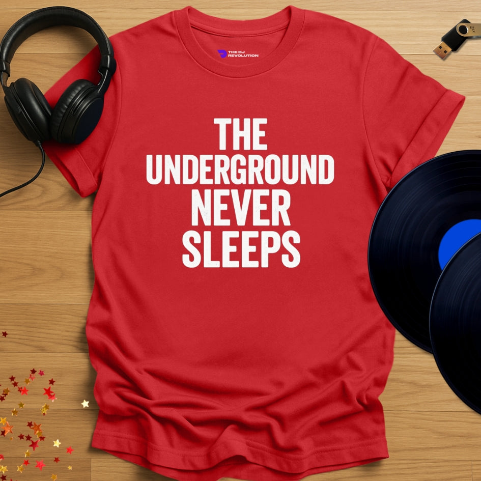 The Underground Never Sleeps Techno T-shirt in red, front view