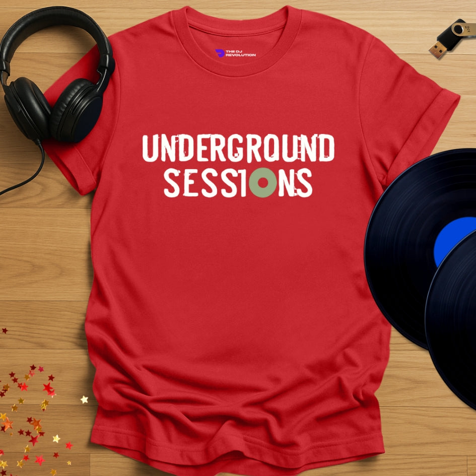 Underground Sessions house music T-shirt in red, front view