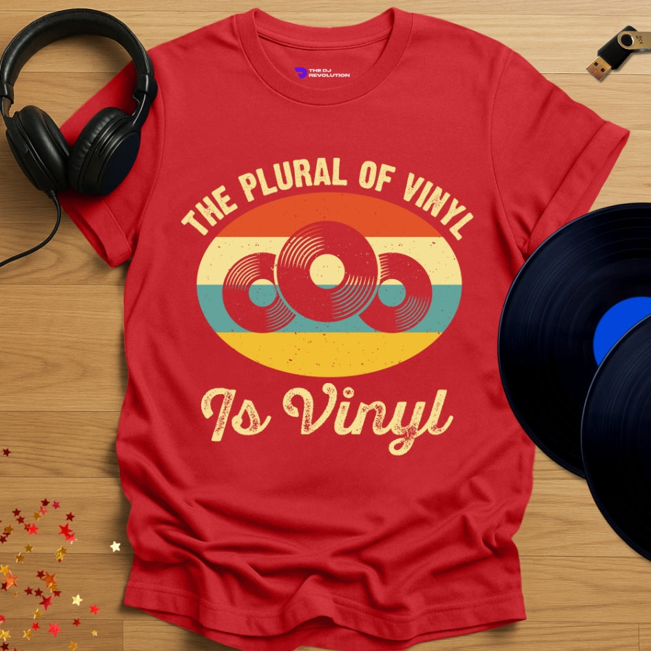 Vinyl enthusiast DJ T-shirt, 'The Plural of Vinyl' design in red, front view