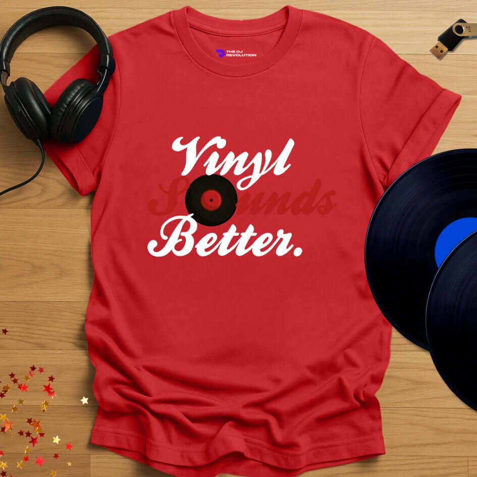 Vinyl DJ T-shirt, 'Vinyl Sounds Better' design in red, front view
