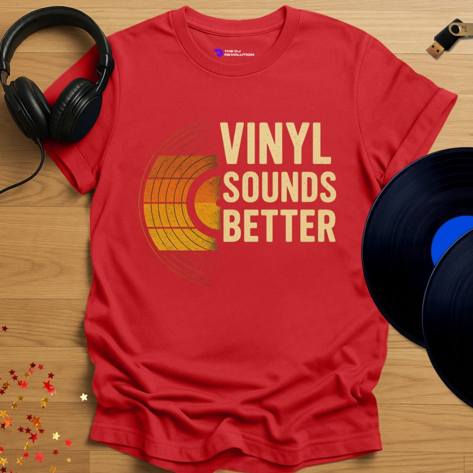 'Vinyl Sounds Better’, vinyl DJ T-shirt in red, front view
