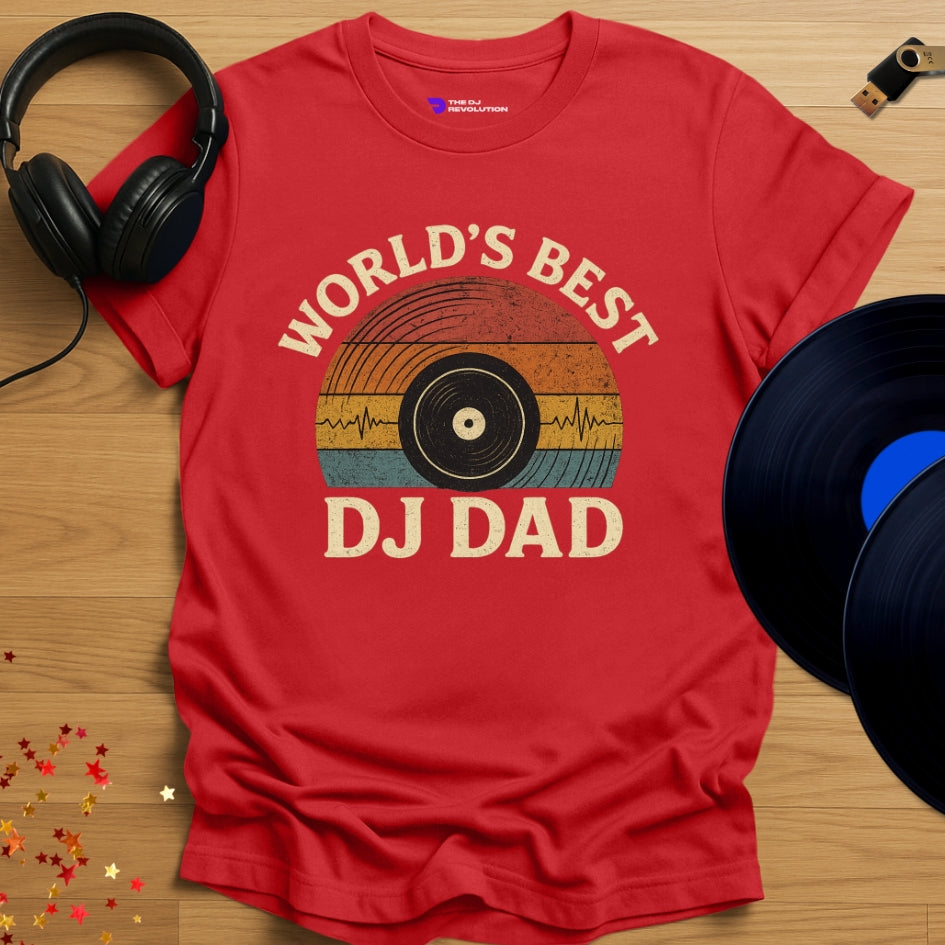 'World’s Best DJ Dad' T-shirt in red, front view