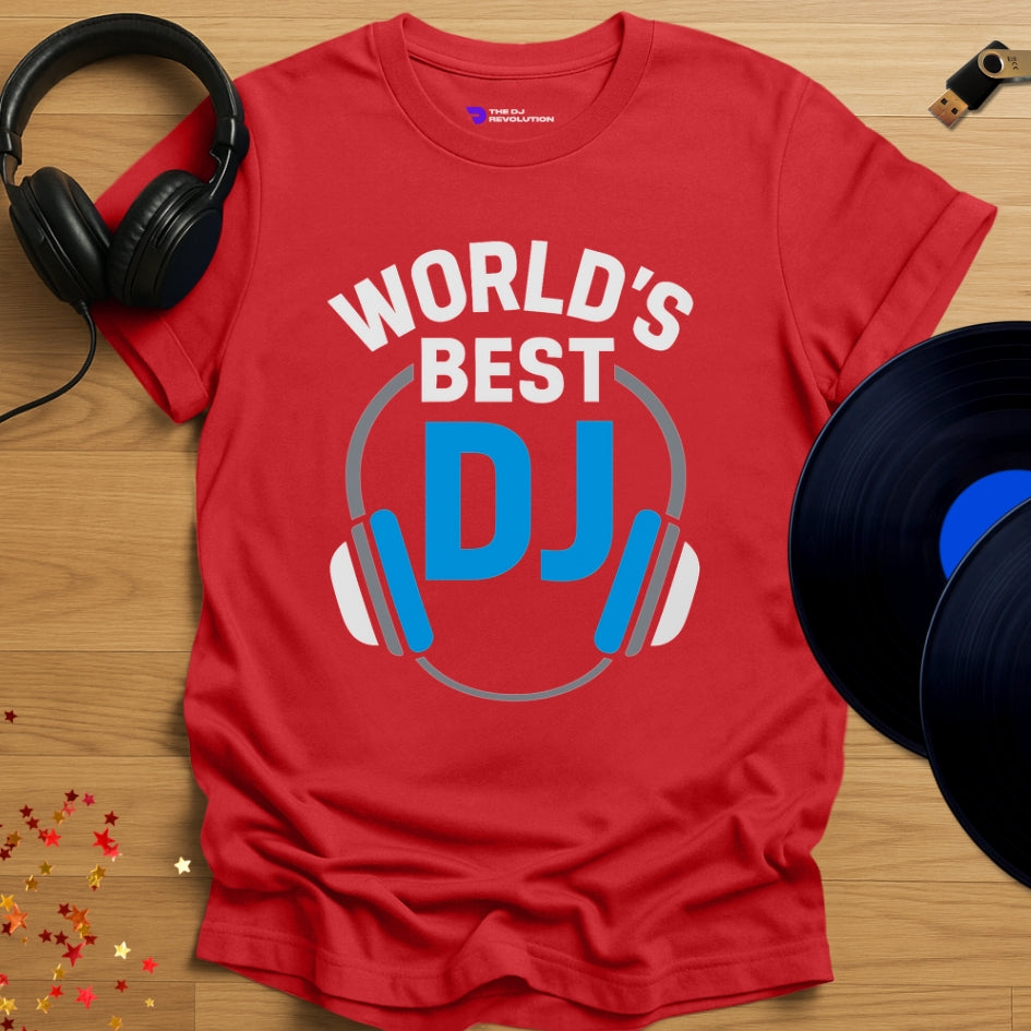 'World’s Best DJ', funny DJ T-shirt in red, front view