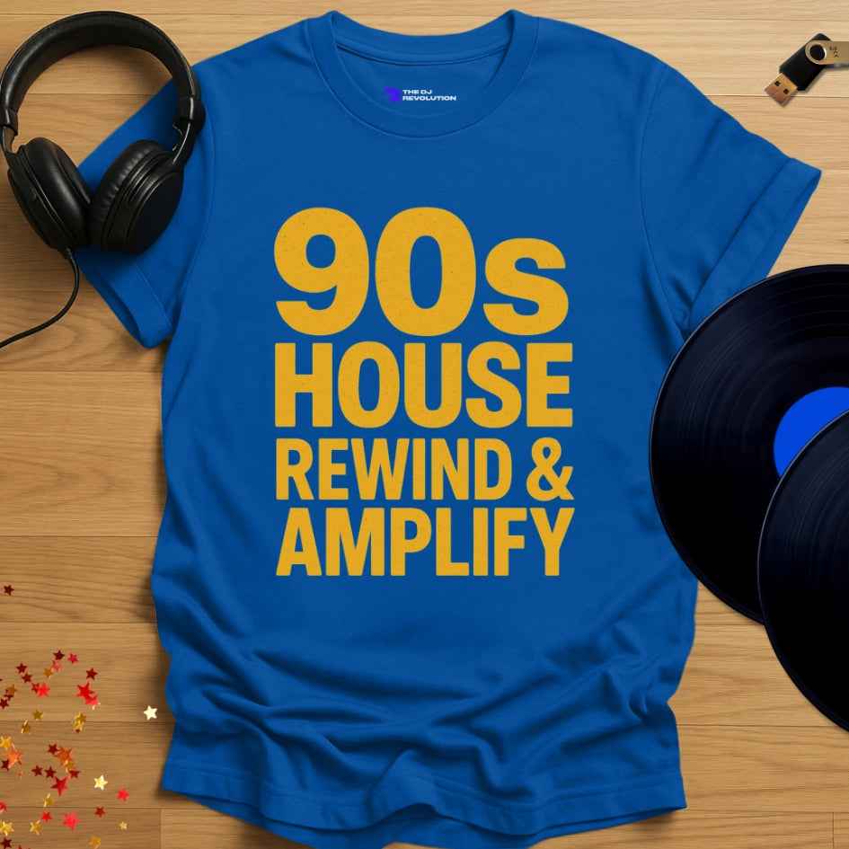 90s House Rewind house music T-shirt in royal blue, front view