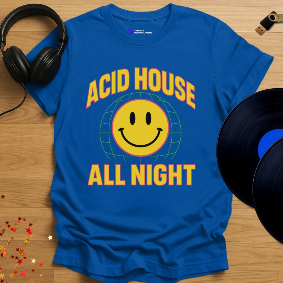 Acid House All Night house music T-shirt in royal blue, front view