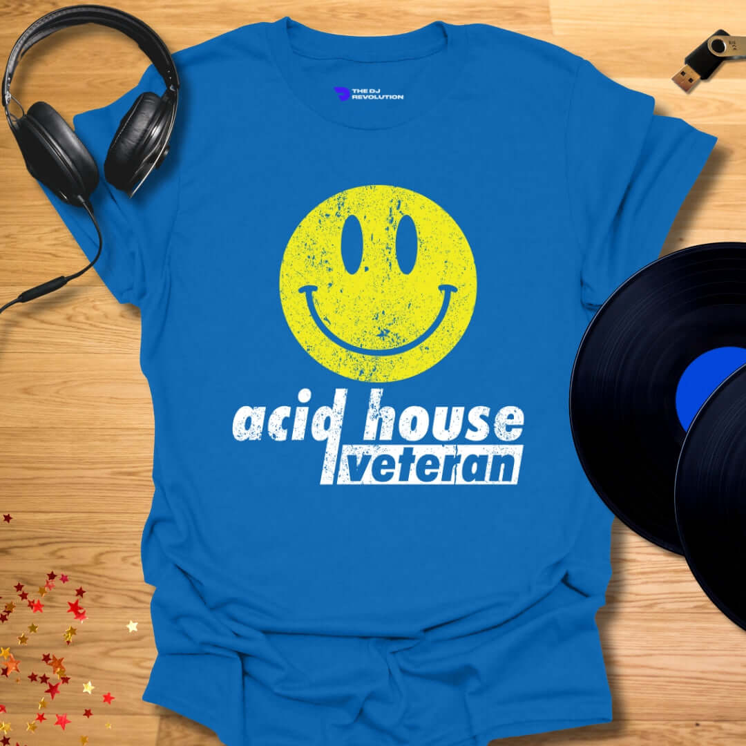 Unisex acid house T-shirt, 'Acid House Veteran' design in royal blue, front view