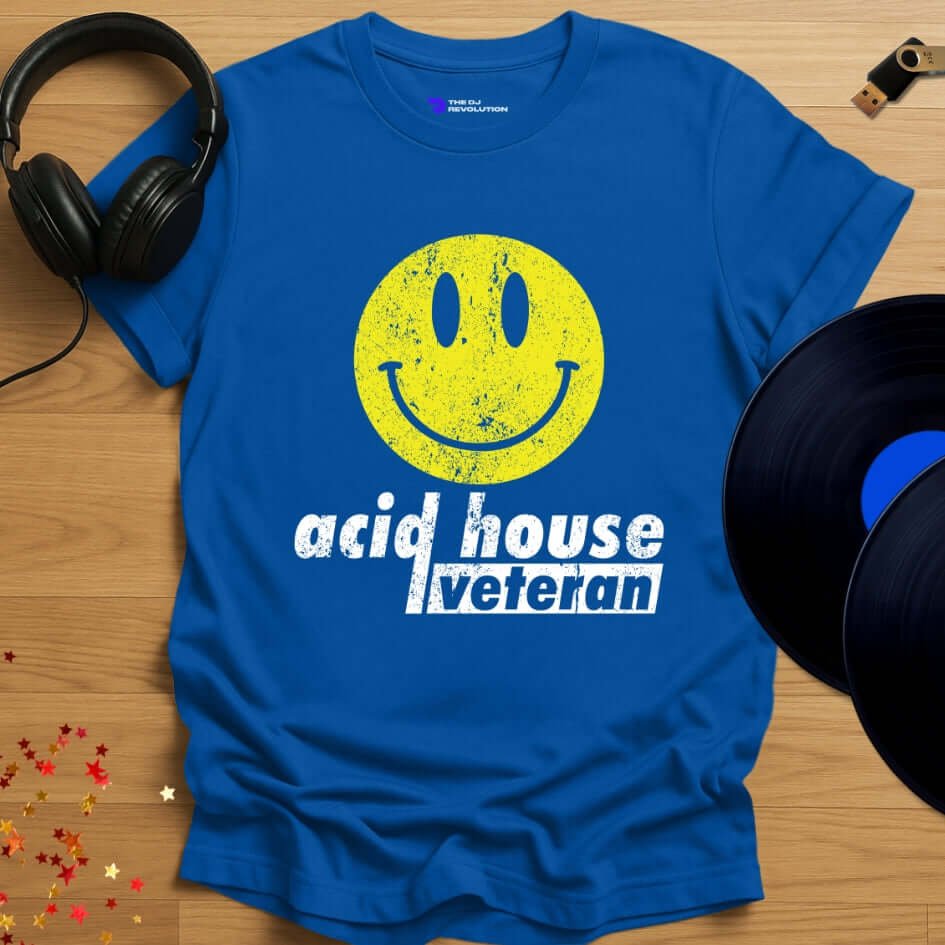 Unisex acid house T-shirt, 'Acid House Veteran' design in royal blue, front view