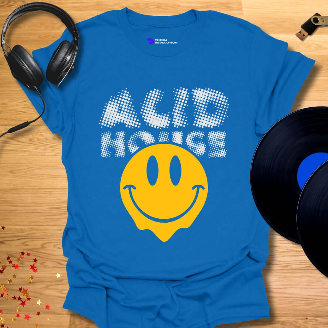 Unisex Acid House T-shirt, smiley face design in royal blue, front view