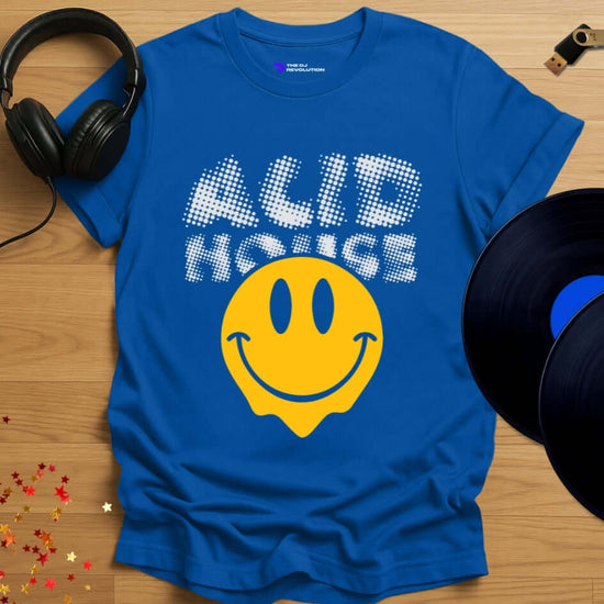Unisex Acid House T-shirt, smiley face design in royal blue, front view