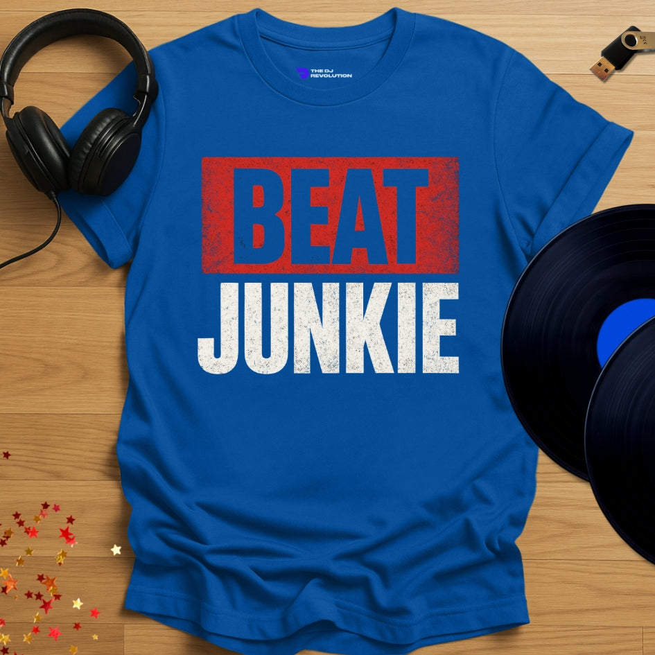 'Beat Junkie' DJ producer T-shirt in royal blue, front view