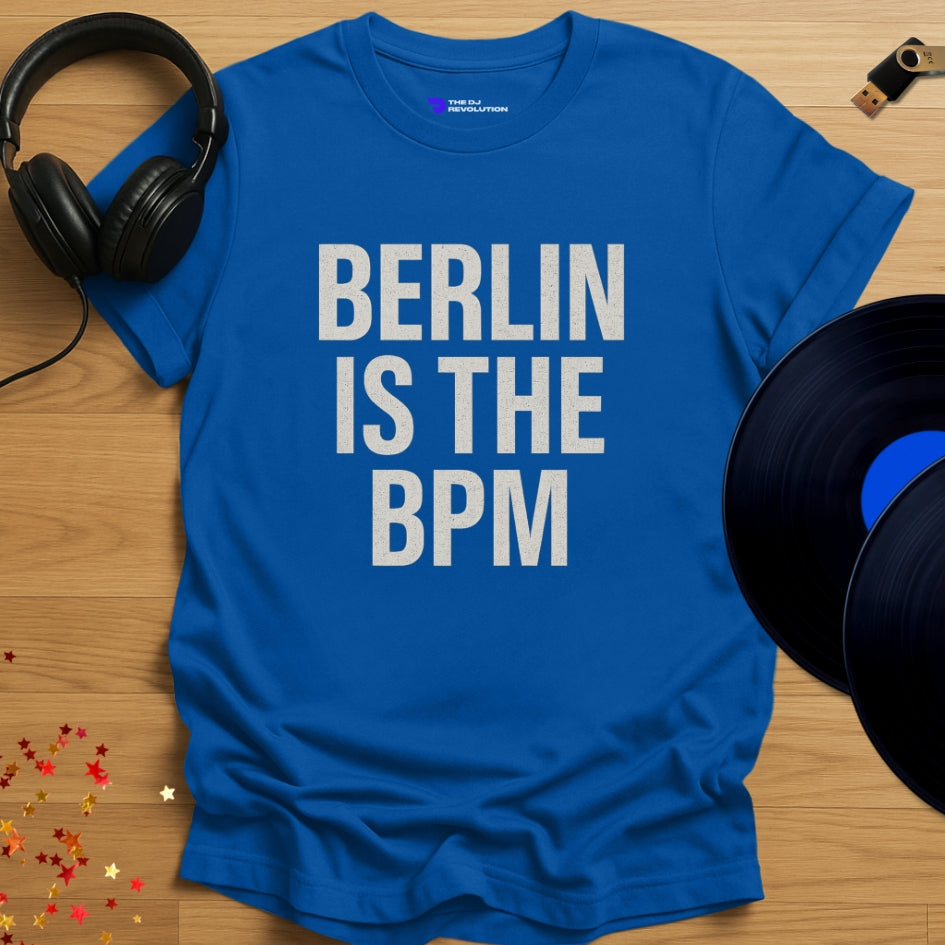 Berlin Is The BPM Techno T-shirt in royal blue, front view