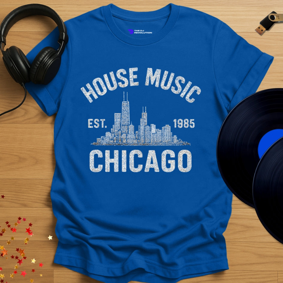 Chicago house music 1985 T-shirt in royal blue, front view