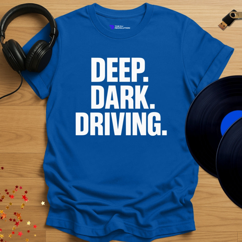 Deep Dark Driving Techno T-shirt in royal blue, front view