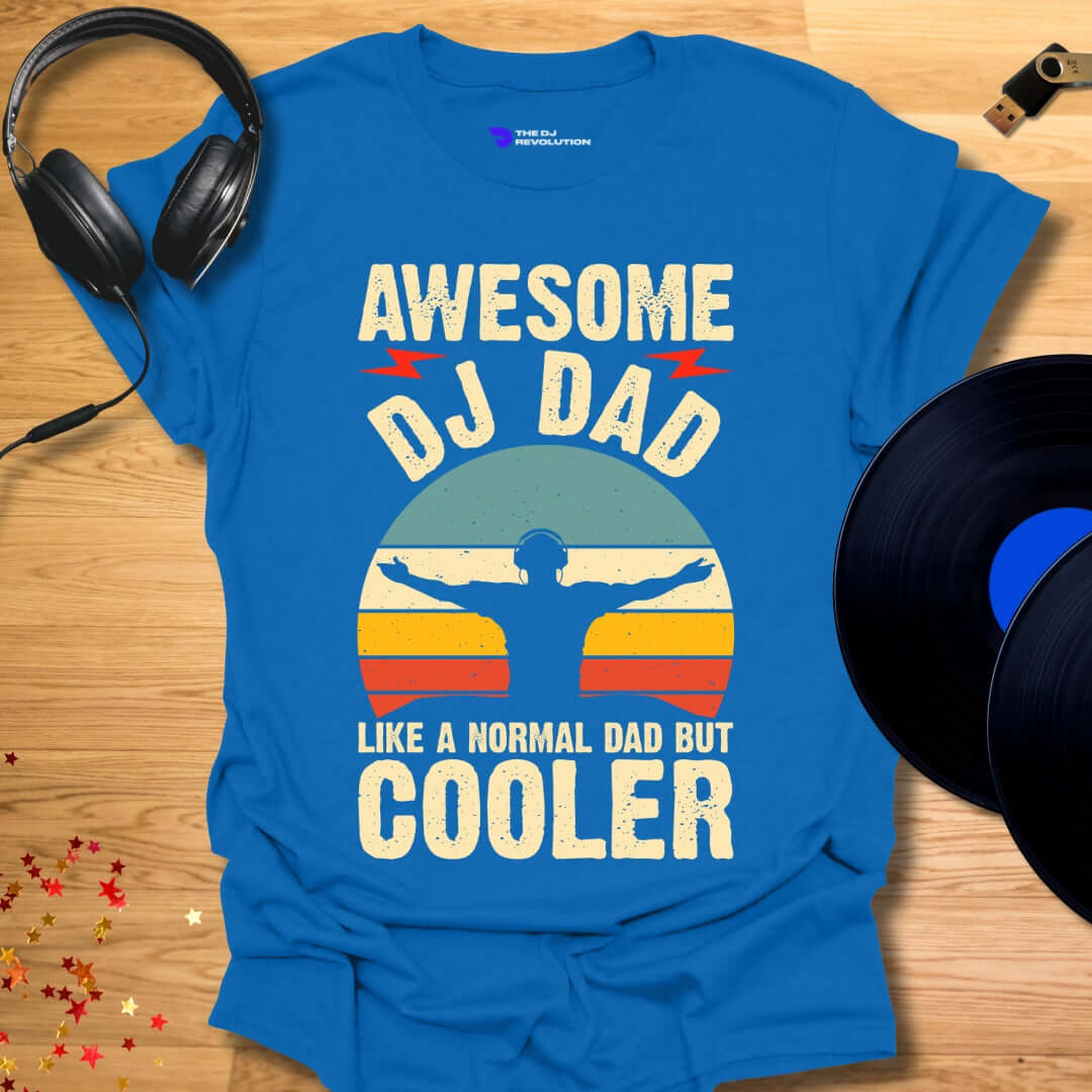 Unisex DJ T-shirt, 'Awesome DJ Dad' design in royal blue, front view