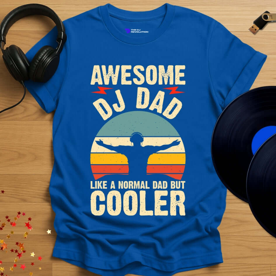 DJ T-shirt, 'Awesome DJ Dad' design in royal blue, front view
