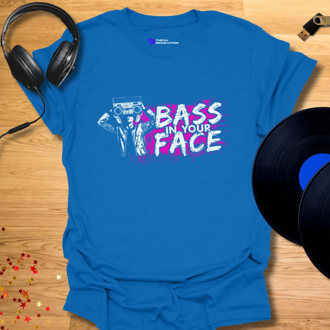 Unisex DJ T-shirt, 'Bass In Your Face' design in royal blue, front view