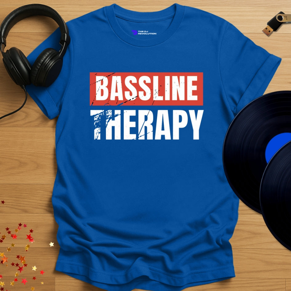 Rave DJ T-shirt, 'Bassline Therapy' design in royal blue, front view