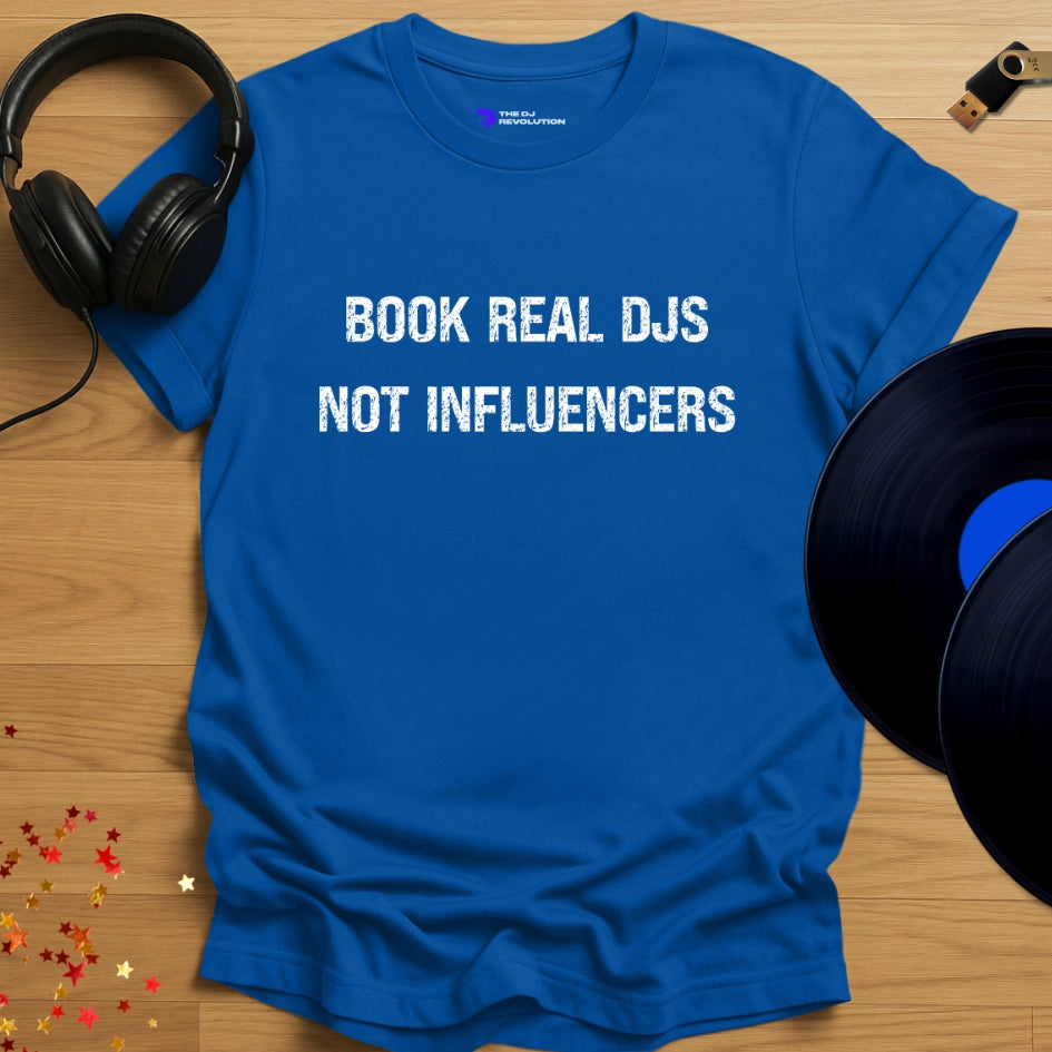 Unisex DJ T-shirt, 'Book Real DJs' design in royal blue, front view