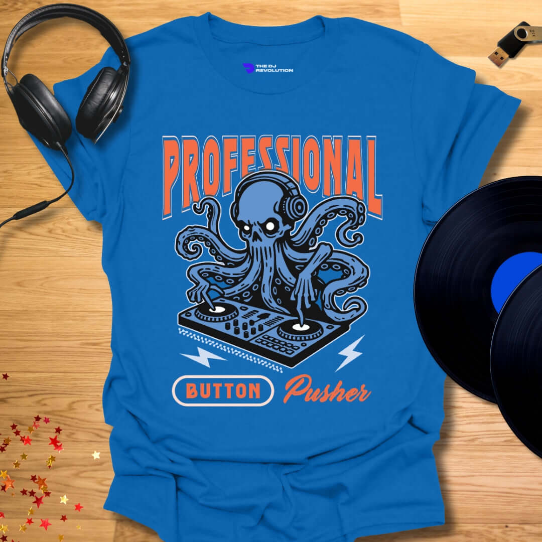 Funny DJ T-shirt, 'Button Pusher' design in royal blue, front view