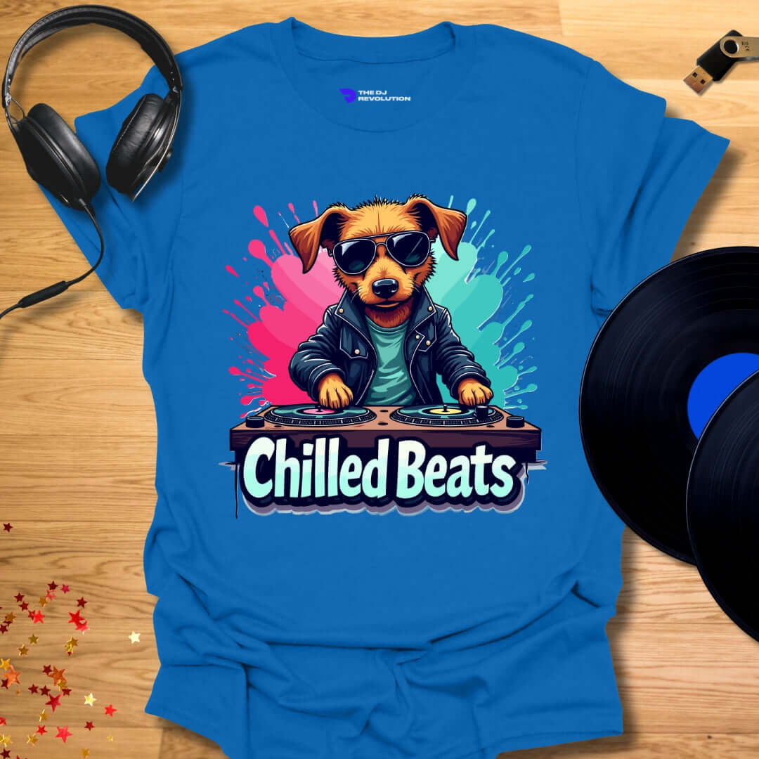 Unisex DJ T-shirt, 'Chilled Beats' dog design in royal blue, front view
