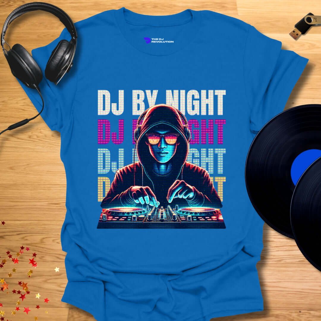 Unisex DJ T-shirt, 'DJ By Night' design in royal blue, front view