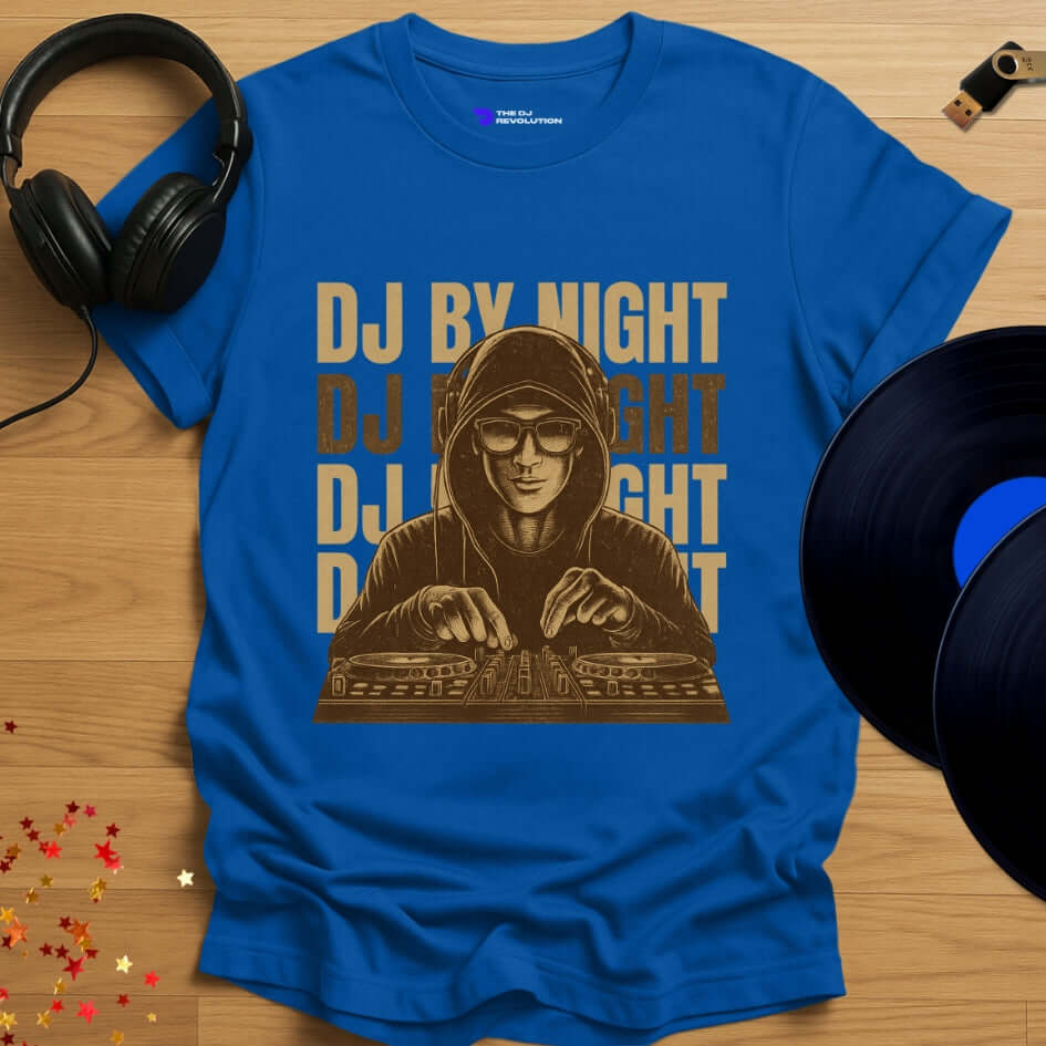 Unisex DJ T-shirt, 'DJ By Night' design in royal blue, front view