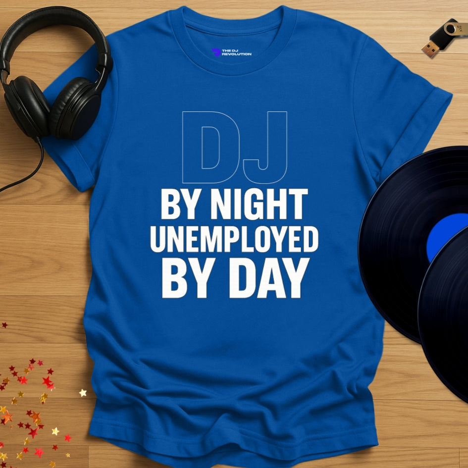 'DJ By Night', funny DJ T-shirt in royal blue, front view