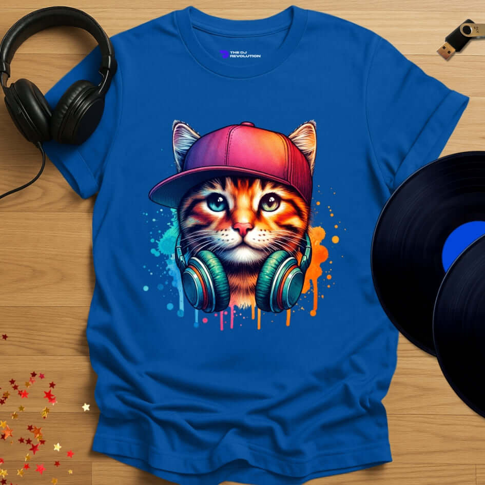 Cat DJ T-shirt, 'DJ Cool Cat' design in royal blue, front view