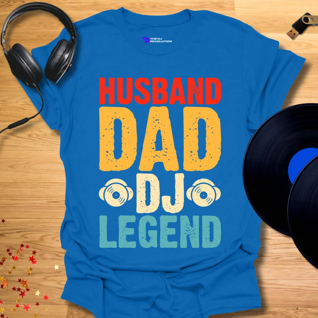 Funny DJ T-shirt, 'Husband DJ Legend' design in royal blue, front view