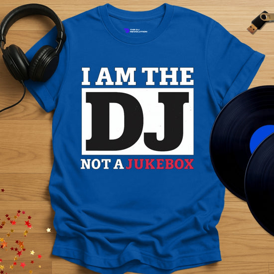 Funny DJ T-shirt, 'I’m Not A Jukebox' design in royal blue, front view