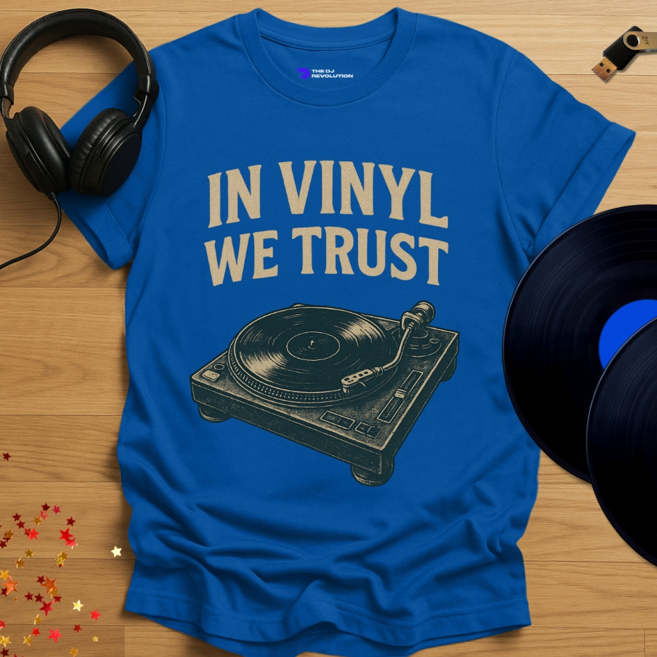 Vinyl DJ T-shirt, 'In Vinyl We Trust' design in royal blue, front view