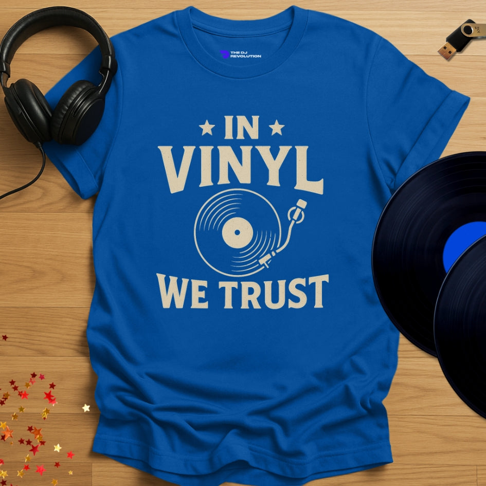 Vinyl DJ T-shirt, 'In Vinyl We Trust' design in royal blue, front view