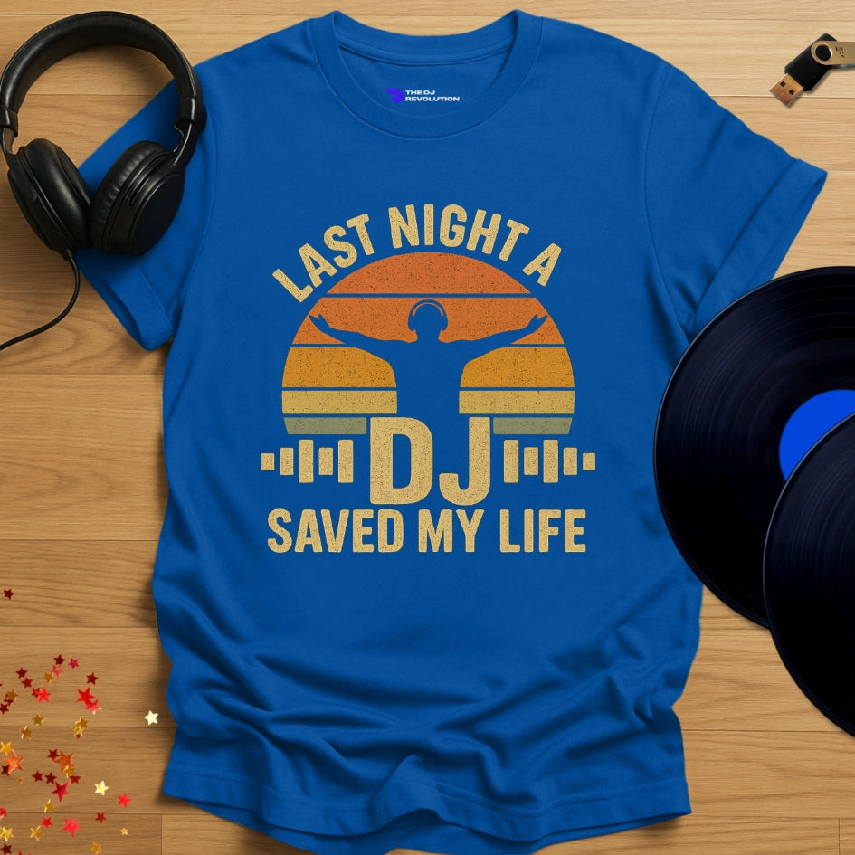 'Last Night A DJ Saved My Life' t-shirt in royal blue, front view