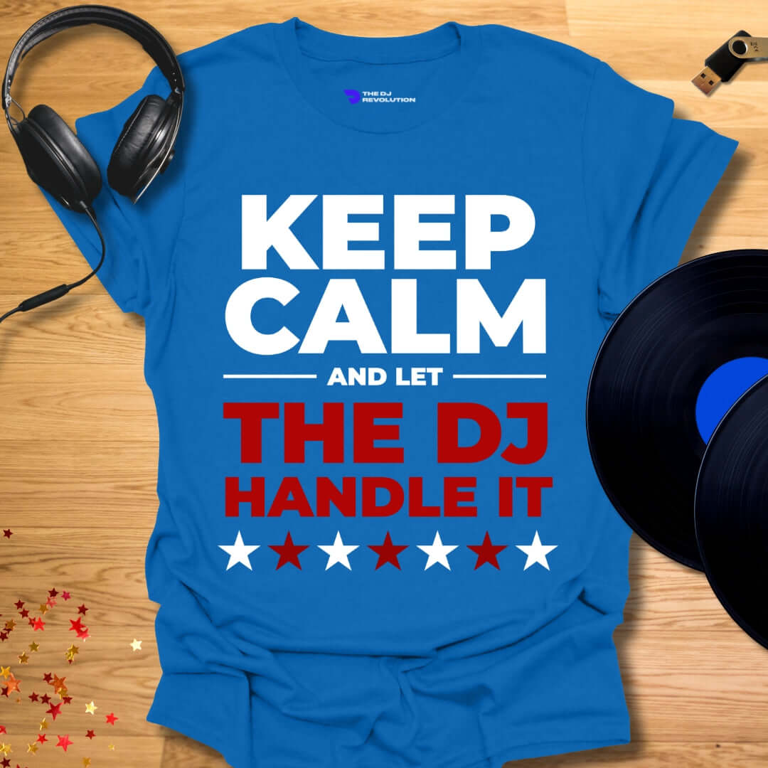 Funny DJ T-shirt, 'Let The DJ Handle It' design in royal blue, front view