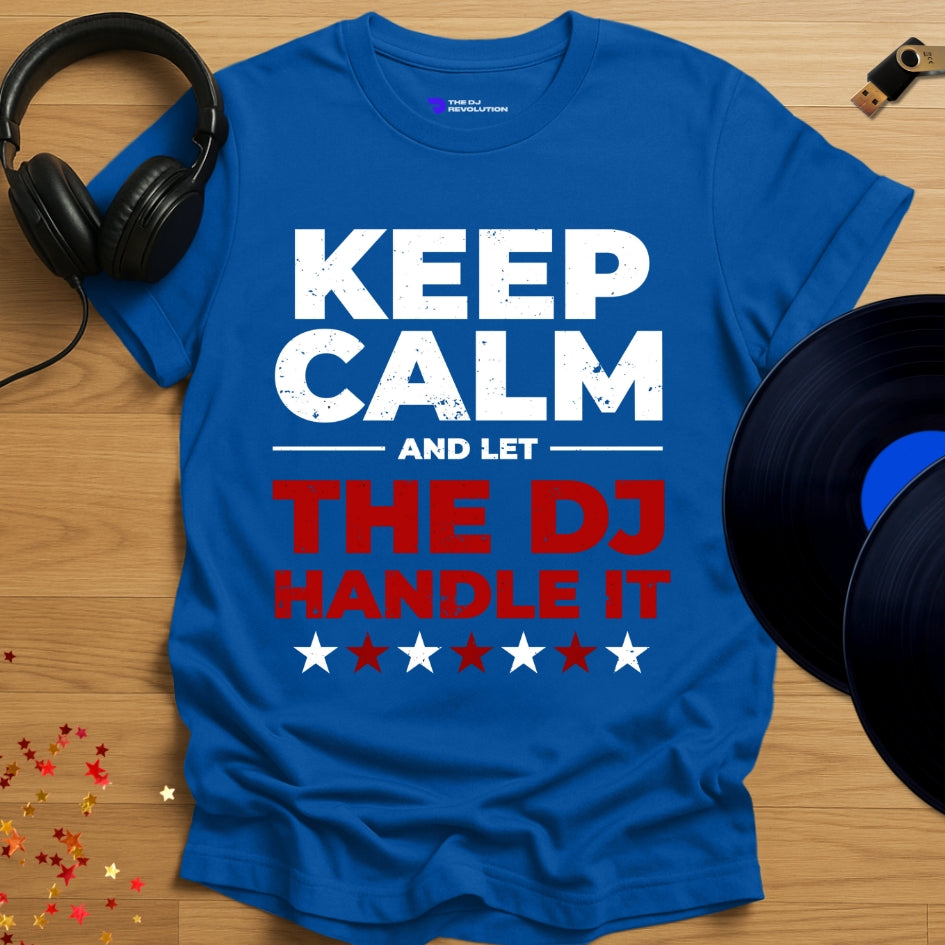 Funny DJ T-shirt, 'Let The DJ Handle It' design in royal blue, front view