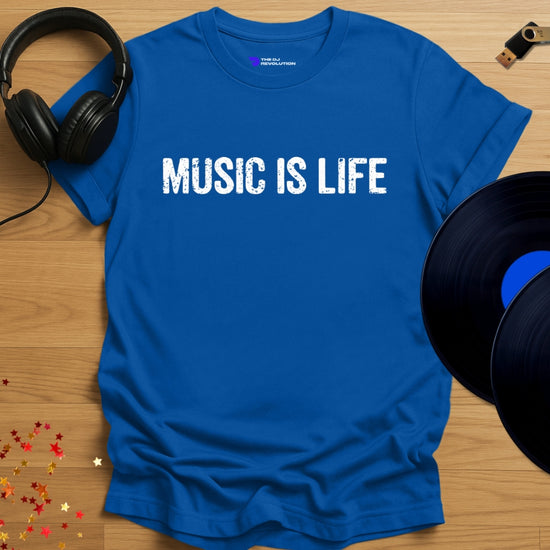 Music lover DJ T-shirt, 'Music Is Life' design in royal blue, front view