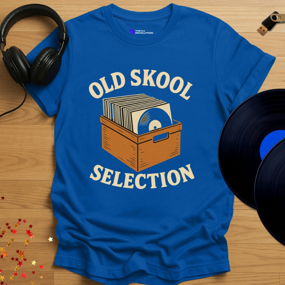 Vinyl DJ T-shirt, 'Old Skool Selection' design in royal blue, front view