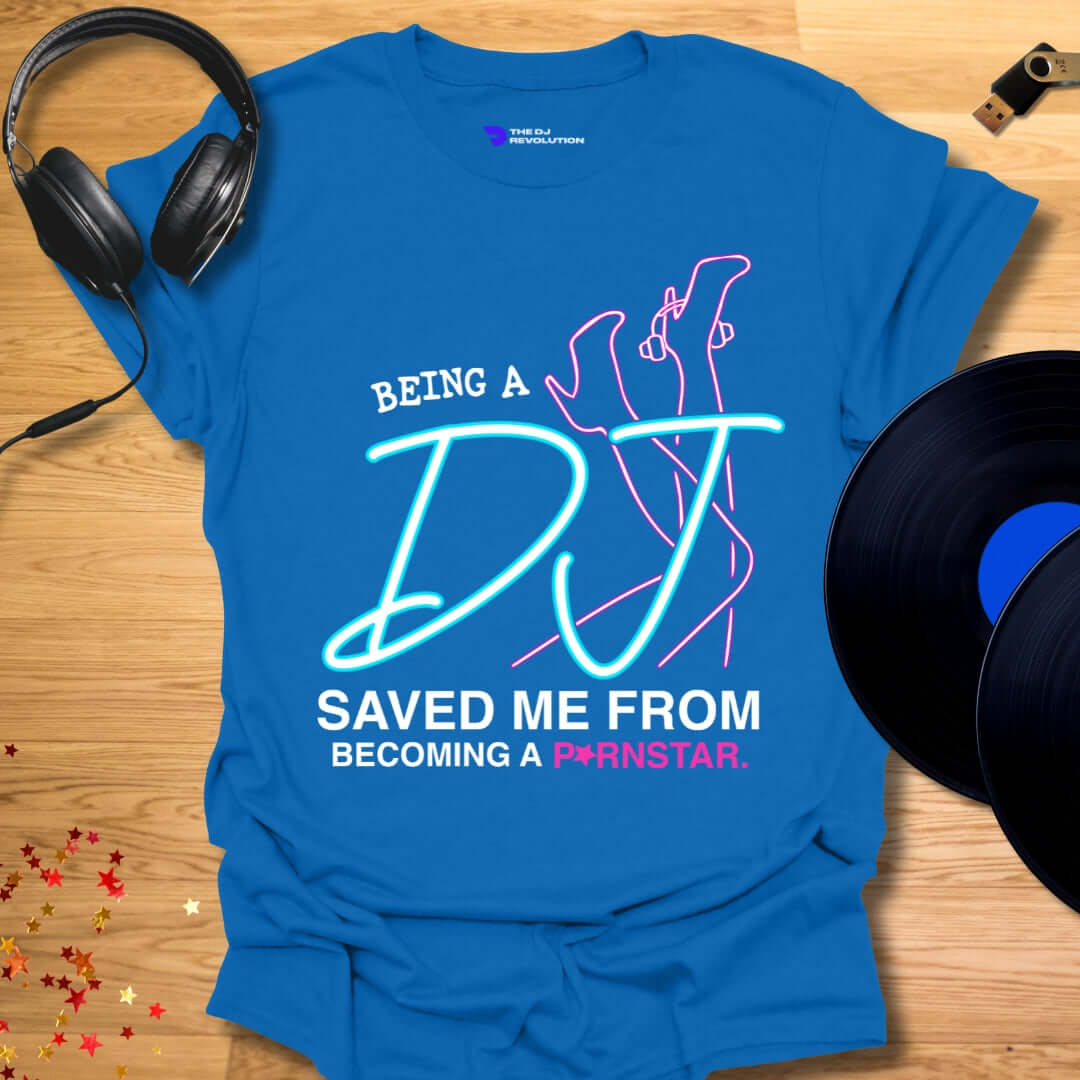 Funny DJ T-shirt, 'Pornstar DJ' design in royal blue, front view