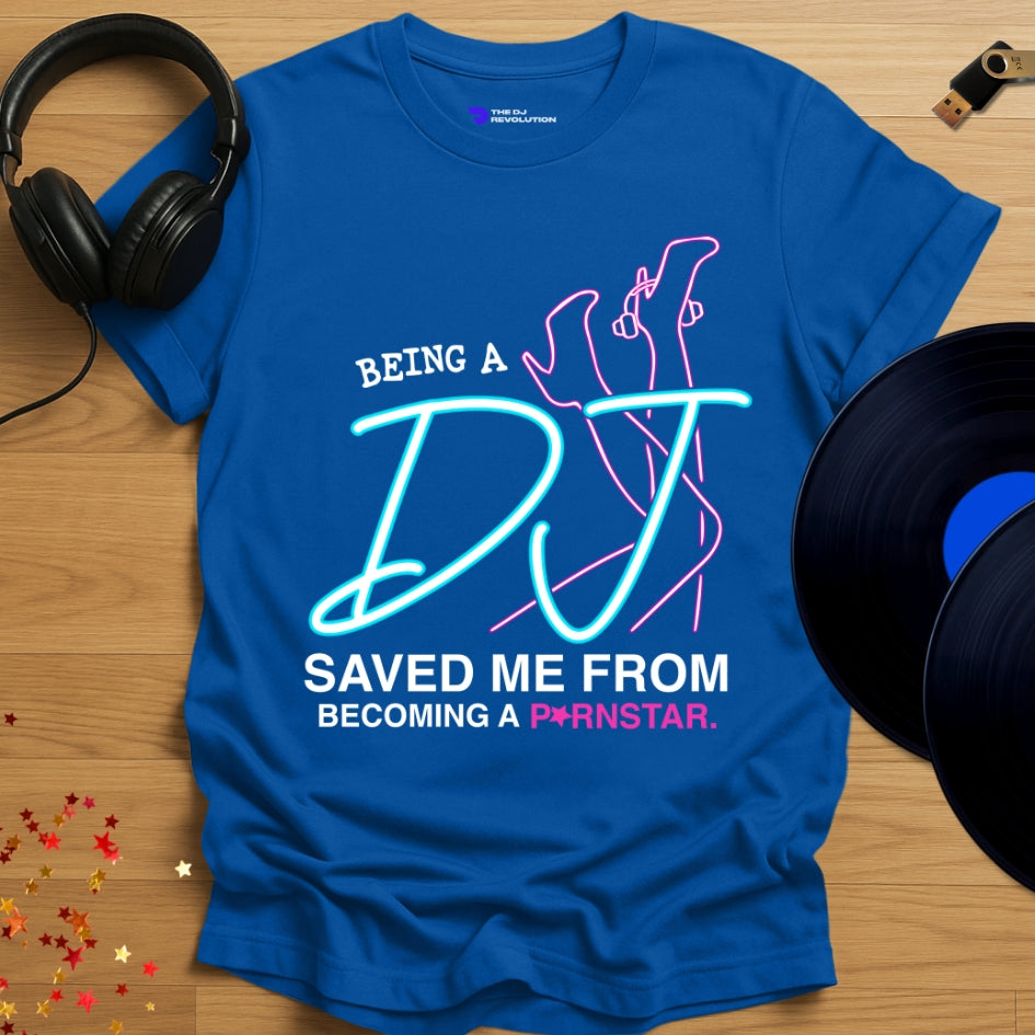 Funny DJ T-shirt, 'Pornstar DJ' design in royal blue, front view