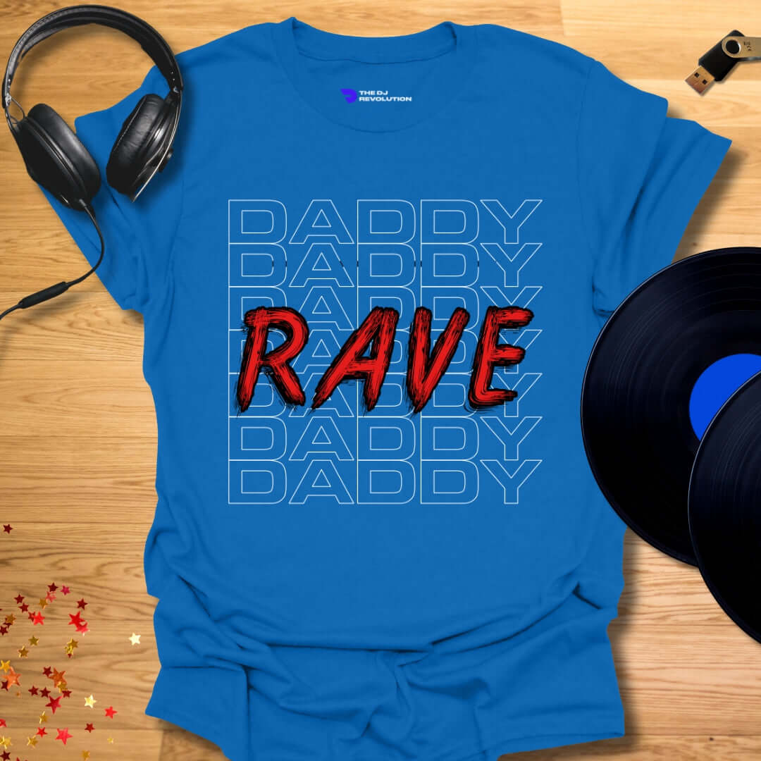 Funny DJ T-shirt, 'Rave Daddy' design in royal blue, front view