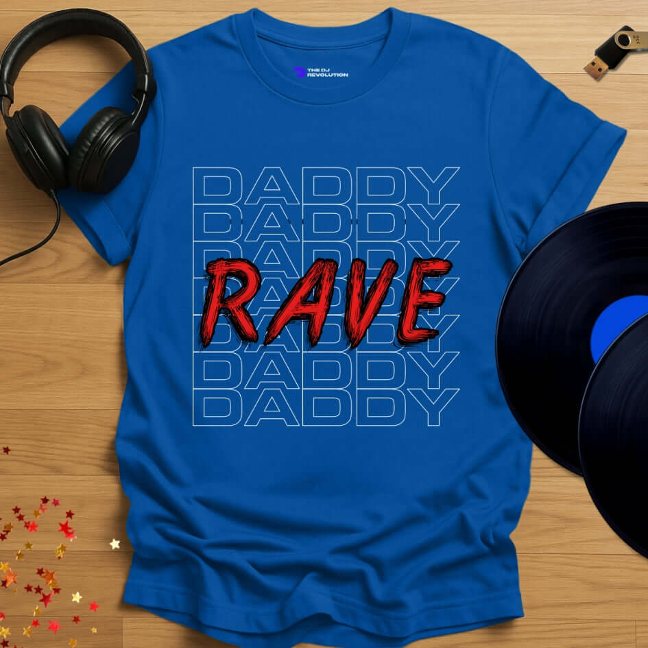 Funny DJ T-shirt, 'Rave Daddy' design in royal blue, front view