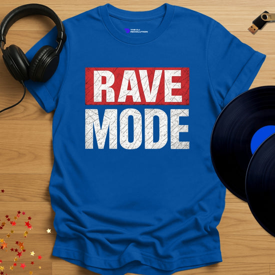 Rave DJ T-shirt, 'Rave Mode' design in royal blue, front view
