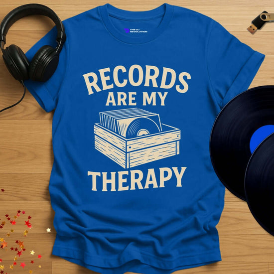 Vinyl DJ T-shirt, 'Records Are My Therapy' design in royal blue, front view