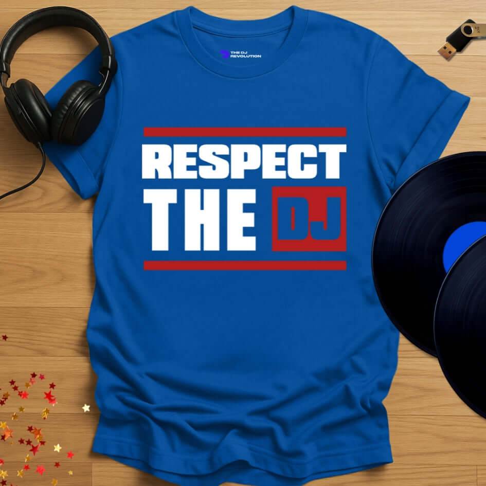 Unisex DJ T-shirt, 'Respect The DJ' design in royal blue, front view
