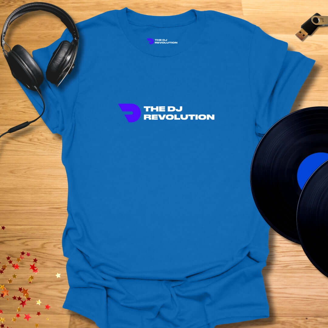 Unisex DJ T-shirt, 'The DJ Revolution' design in royal blue, front view