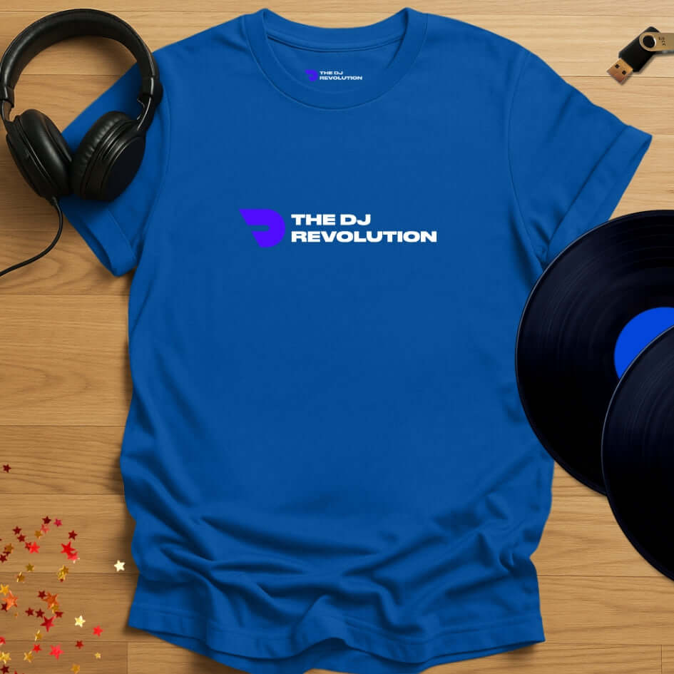 Unisex DJ T-shirt, 'The DJ Revolution' design in royal blue, front view