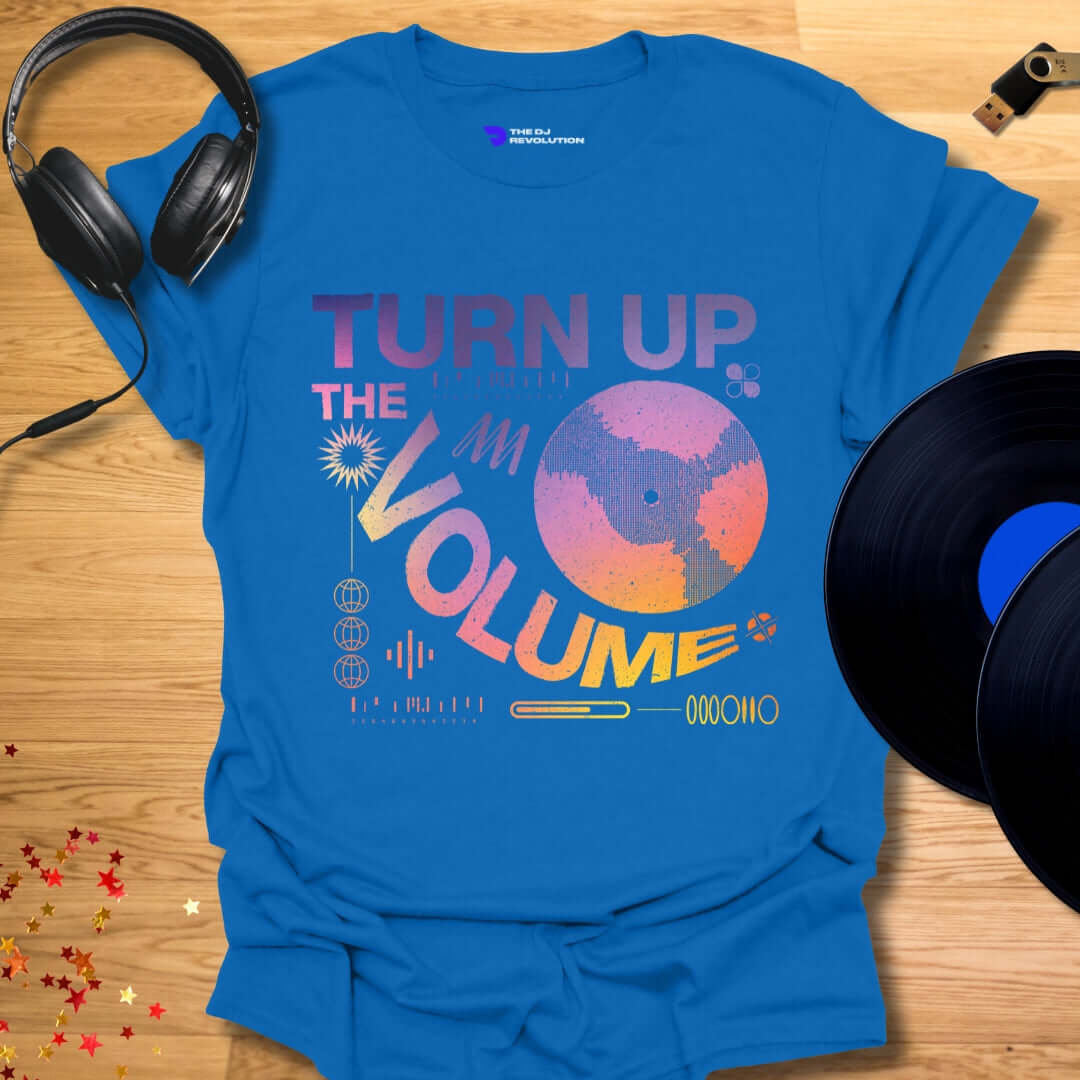 Unisex DJ T-shirt, 'Turn Up The Volume' design in royal blue, front view